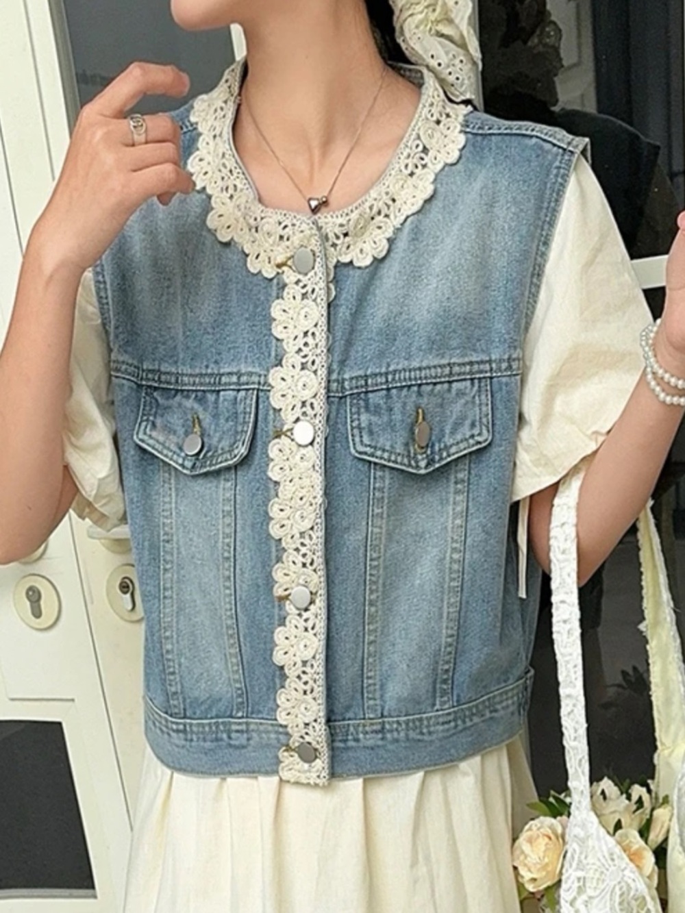 ShopEvelynne Blue Denim Vest with Cream Lace Trim